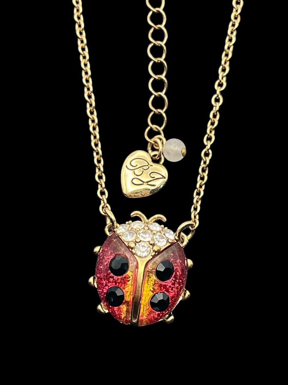 Betsey Johnson ladybug insect gold tone red black rhinestone chain necklace
